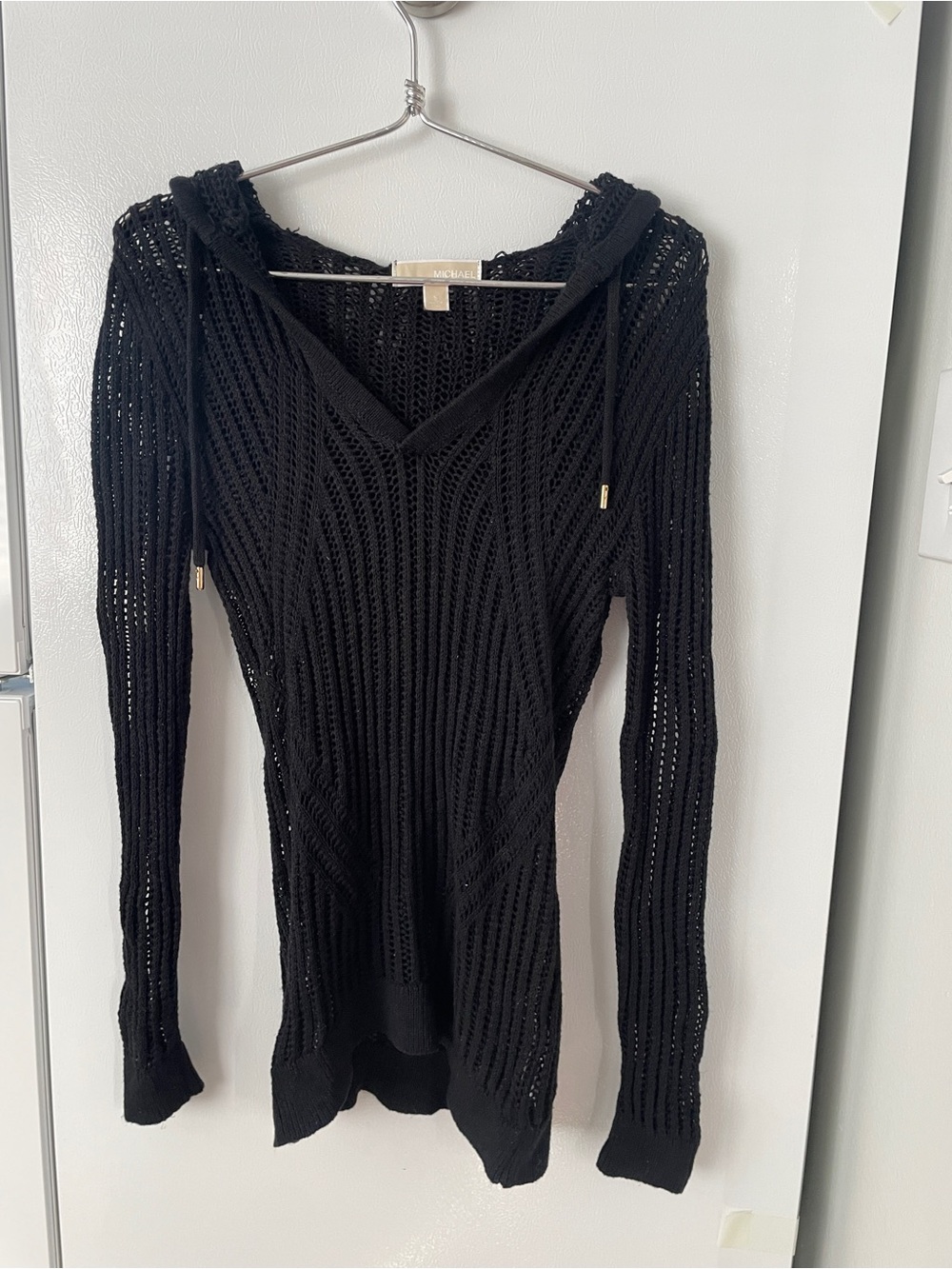 Michael Kors Black Open-Knit V-Neck Sweater Hoodie